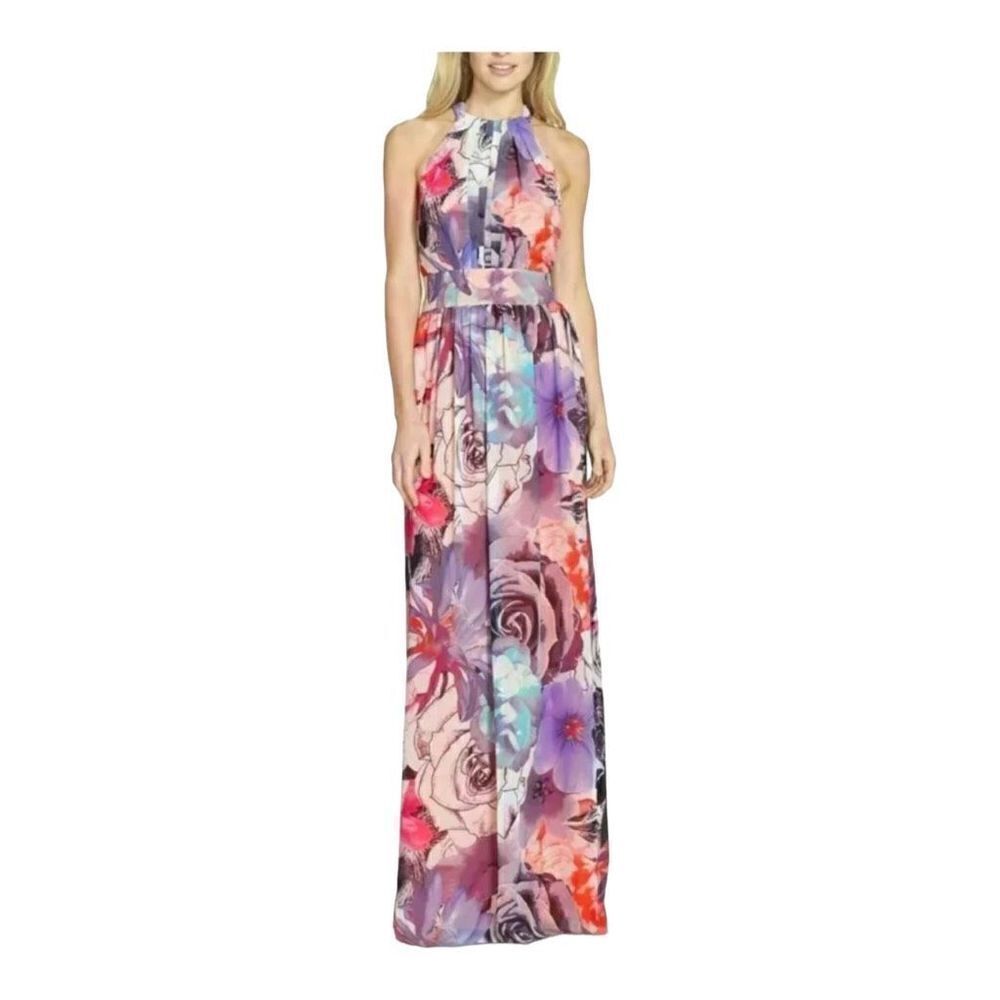 Womens Eliza J Floral Pastel Watercolor Chiffon  High Neck Halter Maxi Dress - 2